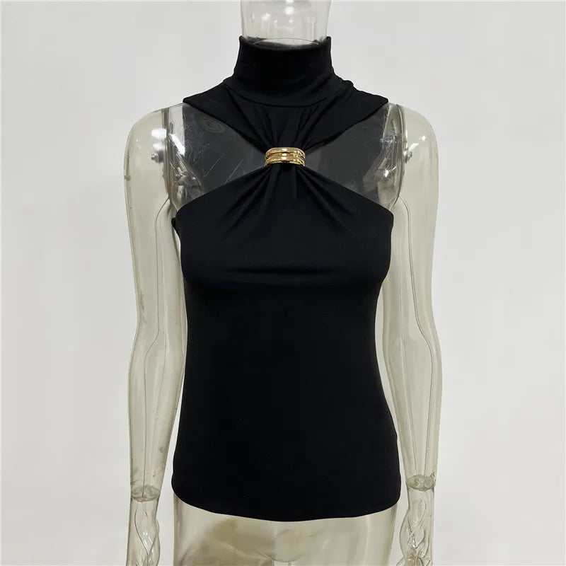 Mozision Turtleneck Basic Knit Tank Tops Women Vest Pullovers Metal Ring Camisole Sleeveless Skinny Knitted Tops Y2K Cropped Top