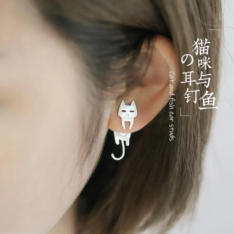 New Romantic Cute Cat For Women Fashionable Design Unique Funny Simple Silver Needle Earrings Jewelry Party Gift