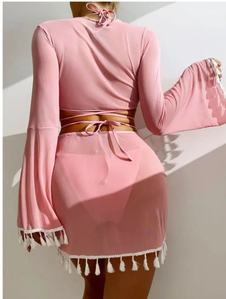 New Conservative Four Piece Solid Color Tassel Hoodie, Mesh Skirt, Bikini Swimsuit for Women