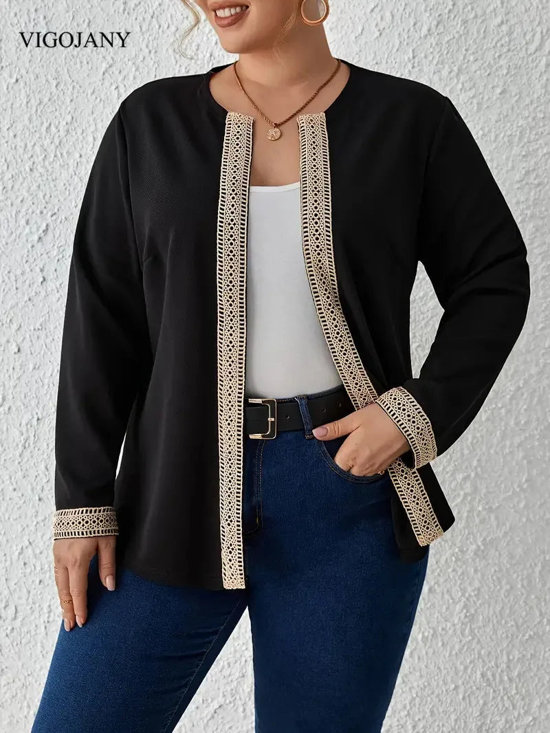 VigoJany 2025 Winter Black Plus Size Coat Women Casual Large Long Sleeve Outwear Ladies Autumn Chubby Open Stitch Curvy Clothes