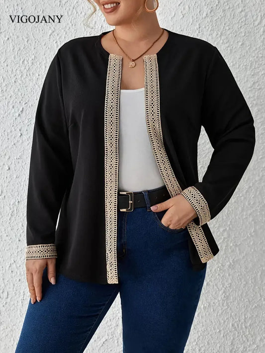VigoJany 2025 Winter Black Plus Size Coat Women Casual Large Long Sleeve Outwear Ladies Autumn Chubby Open Stitch Curvy Clothes