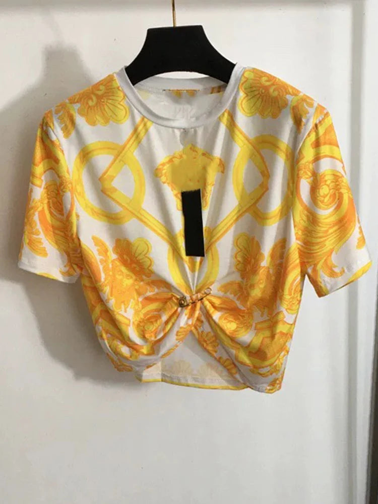 Retro printing irregular pin pleated short T-shirt 2025 summer women's two-piece suit+high waist loose skirt fashion suit