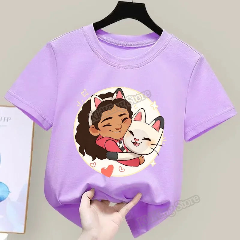 Gabby Dollhouse T-Shirt Anime Print Kleidung Mädchen Niedlich Cartoon Einfache Babykleidung Kind Lila Sommer T-Shirt Kinder Geburtstagsgeschenk