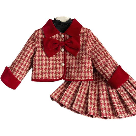 2024 Winter Neue Koreanische Ausgabe Mädchen Red Grid Bogen Set Baby Baumwolle Zwei Stück Set Kleinkind Mädchen Gestaltbare Sanfte Kleidung