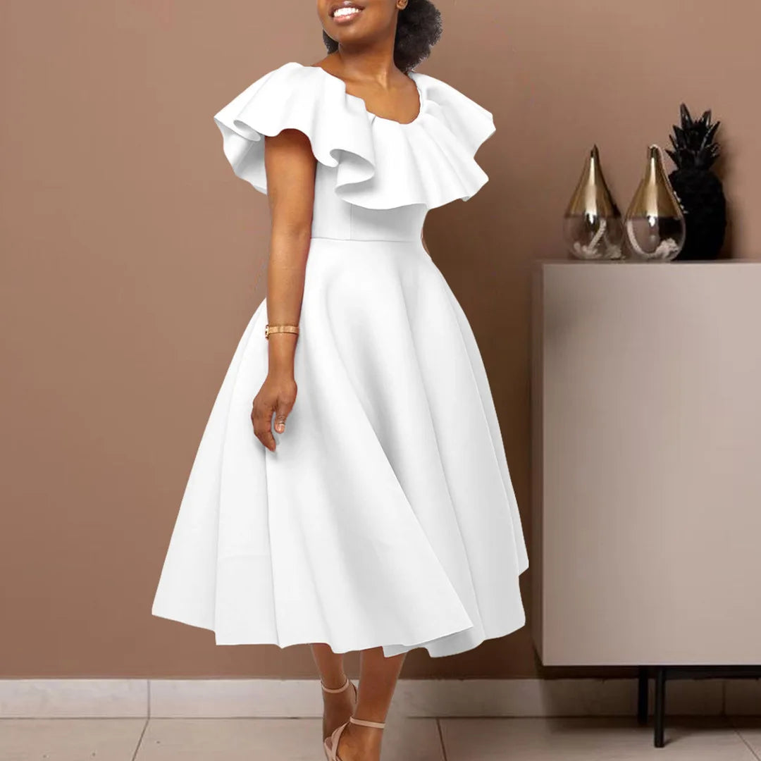 FairyShely 2025 Ruffle Short Sleeve Plus Size Dress Women Solid Large Big Ball Gown Dresses Lady Summer Party Tight Curvy Dress
