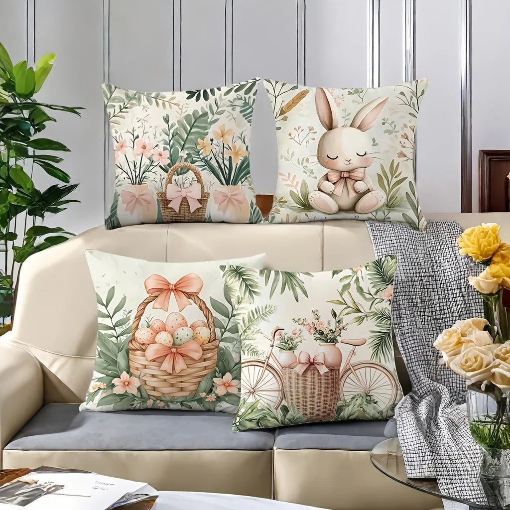 Easter Bunny and Plant Pillow Cover Nordic Home Decor Pillow Cover Festive Bedroom Living Room Decor Polyester Cushion Cover