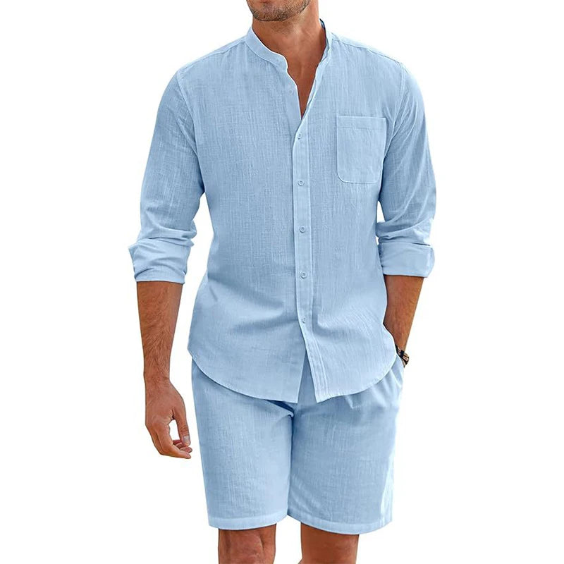 Daily Casual Breathable Cotton Linen Outfits Mens Vintage Stand Collar Button-up Shirts And Shorts Sets For Men Clothing Summer mon