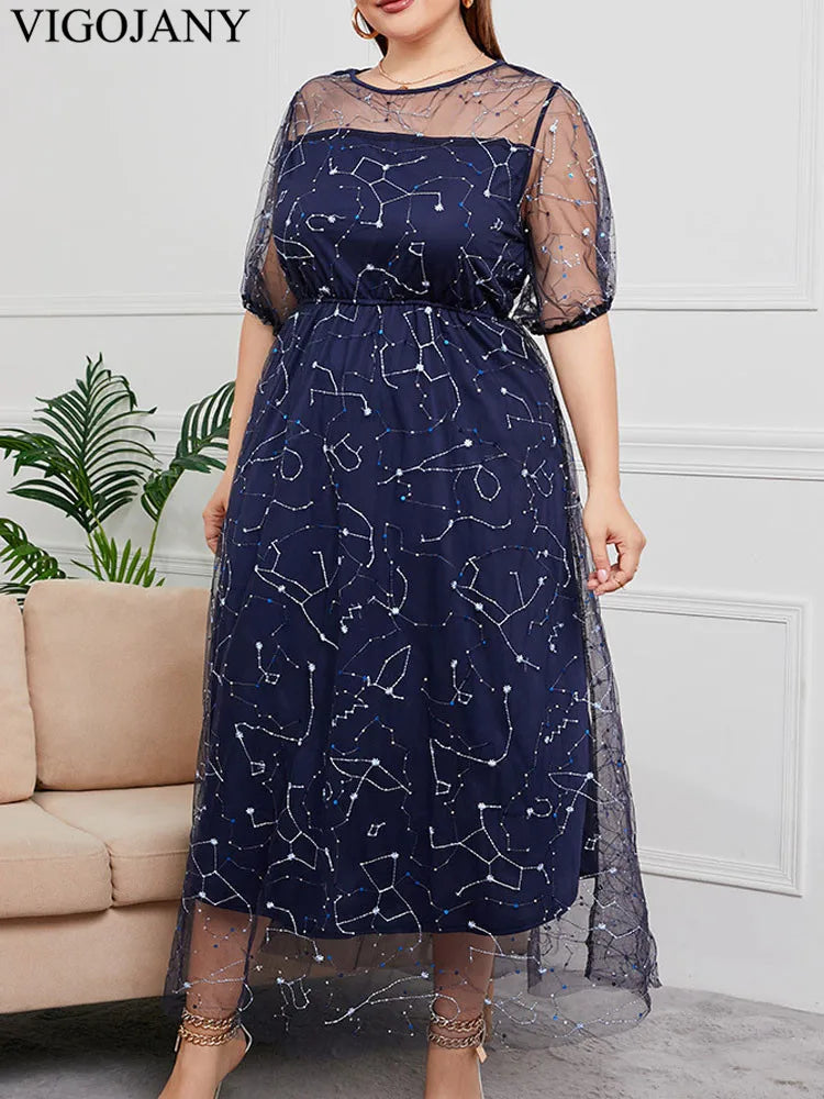 Vigojany 2025 Summer Mesh Patchwork Plus Size Dress Women O Neck Short Sleeve Large Big Dress Casual Lady Chubby Curvy Dresses