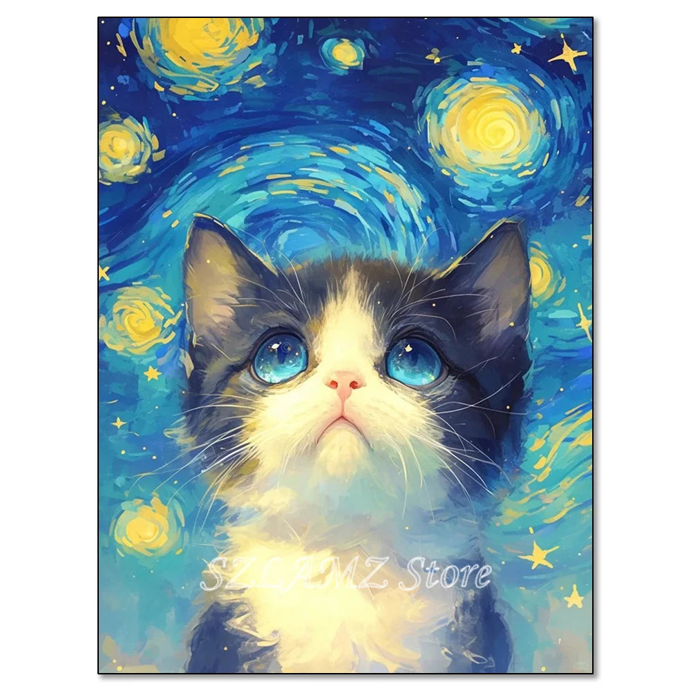 5D DIY Diamond Painting Kit Starry Sky Cat Diamond Embroidery Cross Stitch Cartoon Astral Cat Home Decoration Art Painting