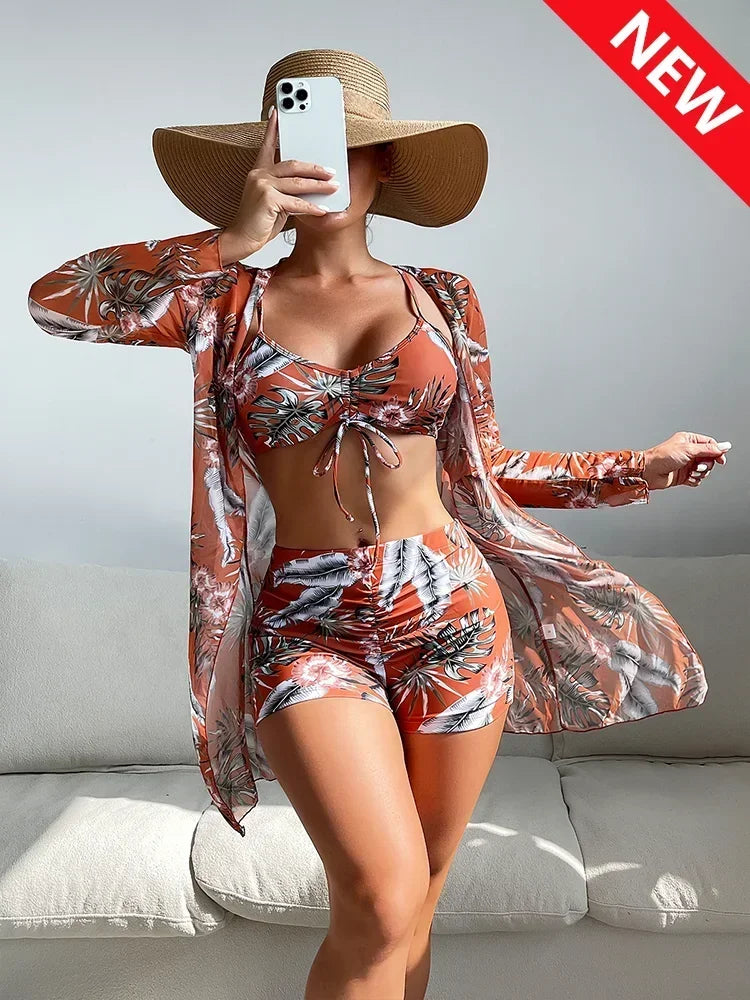 Tropical Allover Print Bikini 3pack Drawstring Ruched Cover Up Women Swimsuit 2023 Long Sleeve Swimwear Beach Wear Bathing Suit