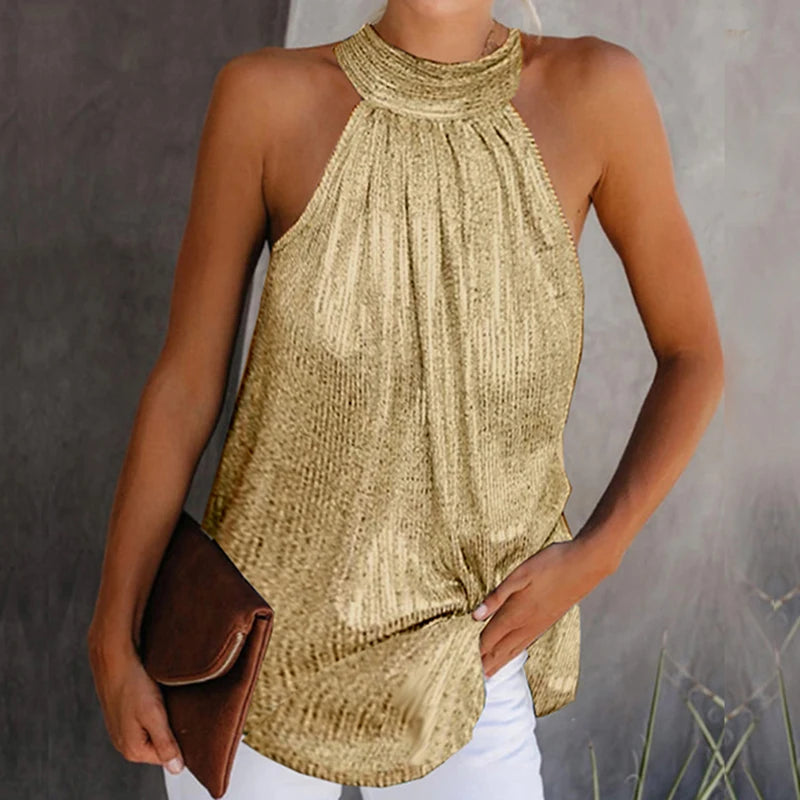 Women Golden Blouse 2024 Fashion High Neck Sleeveless Hatler Tank Top Vest Summer Casual Loose Blouse Shirt Tees clothes