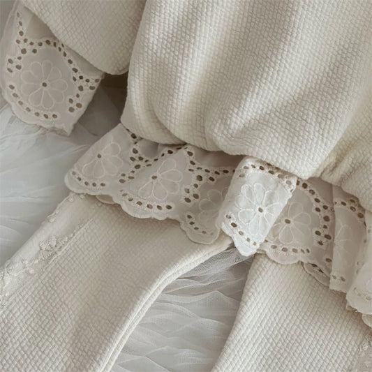 2025 herbst Neue Baby Mädchen Langarm Kleidung Set Kinder Feste Spitze Sweatshirt + Hosen 2 stücke Anzug Baumwolle Kleinkind mädchen Outfits