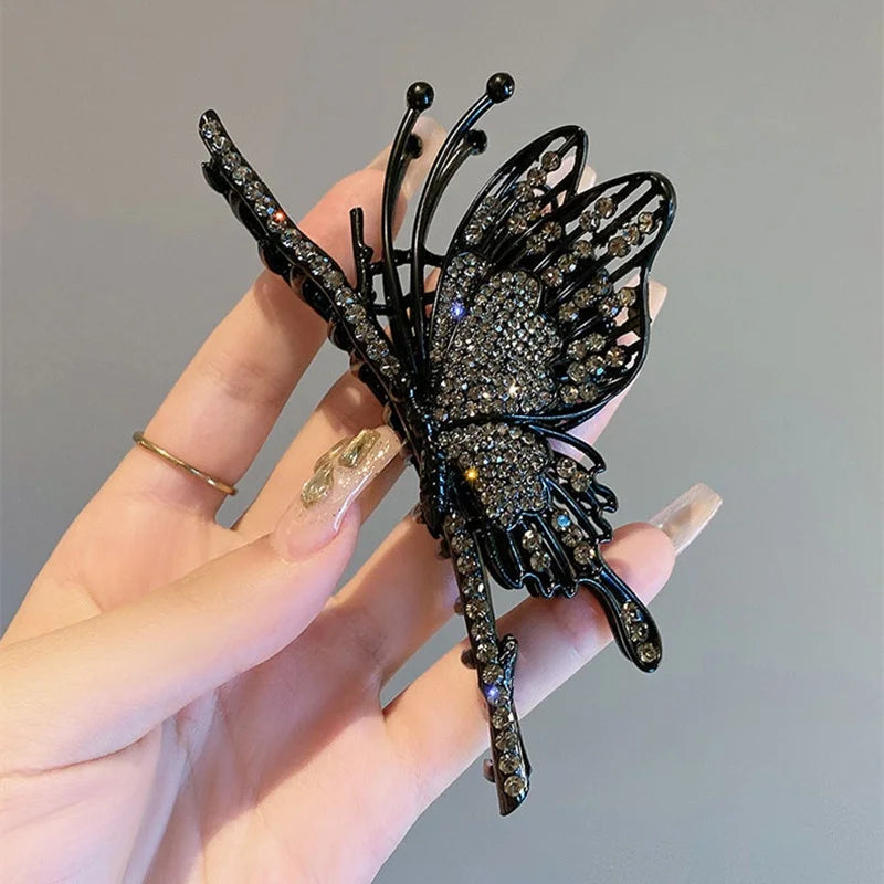 New Metal Black Butterfly Clip Rhinestone Back Head Shark Clip Large Headgear High-end Temperament Hair Accessory