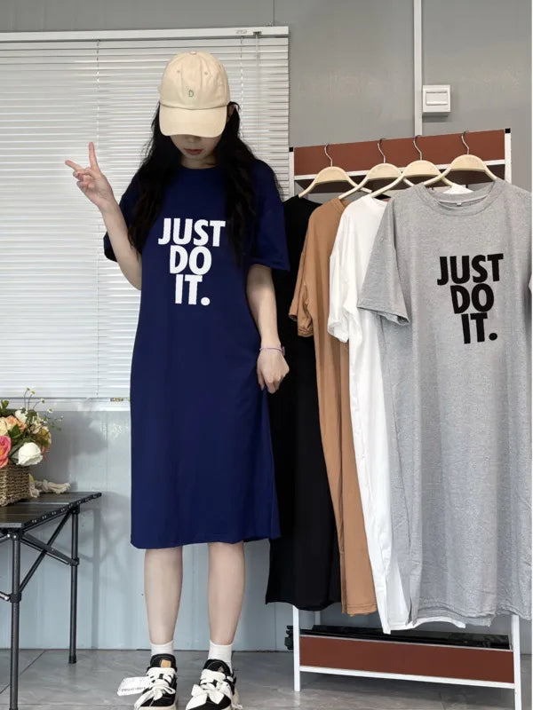 Korean version short sleeved t-shirt dress summer clothing fashionable and minimalist long dress casual knee length dress D42B