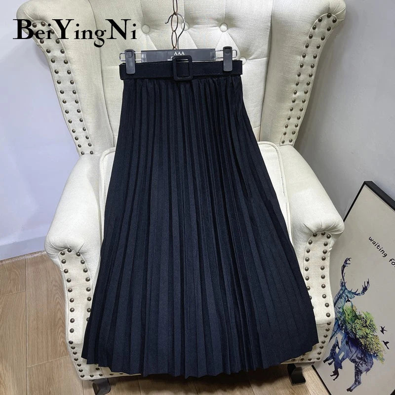 Beiyingni Women's Skirt Belt Casual Fashion Midi Long Pleated Skirts Ladies High Waist Retro Spring Summer Faldas Female 2025