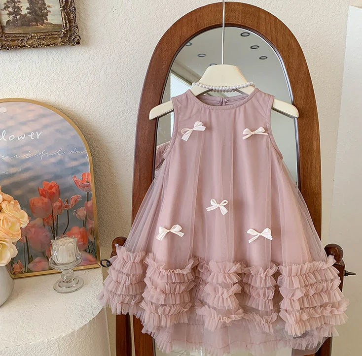 New Baby Summer Girls Pink Bow Mesh Vest Dress, Princess Kids Sweet Fashion Dresses 2-8T