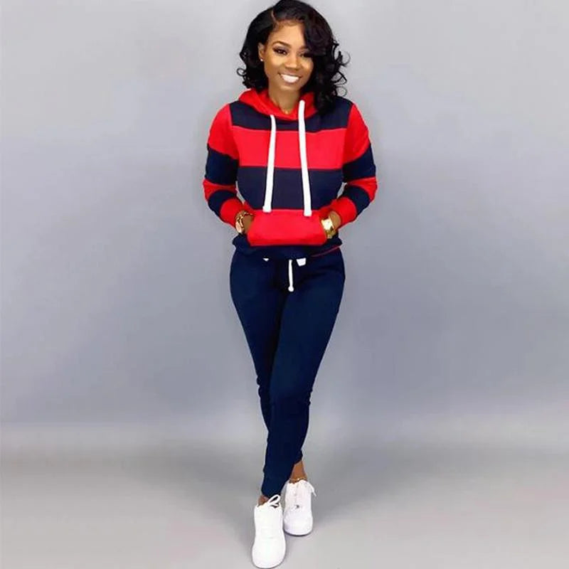 Women's horizontal striped sportswear two-piece long sleeved full zippered hoodie and pants sportswear set slim fit sportswear