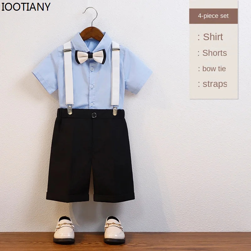 Kids Formal Strap Shirt Shorts Bowtie Clothing Set Boys Summer Wedding Birthday Dress Children Piano Performance Dance Costume !!!