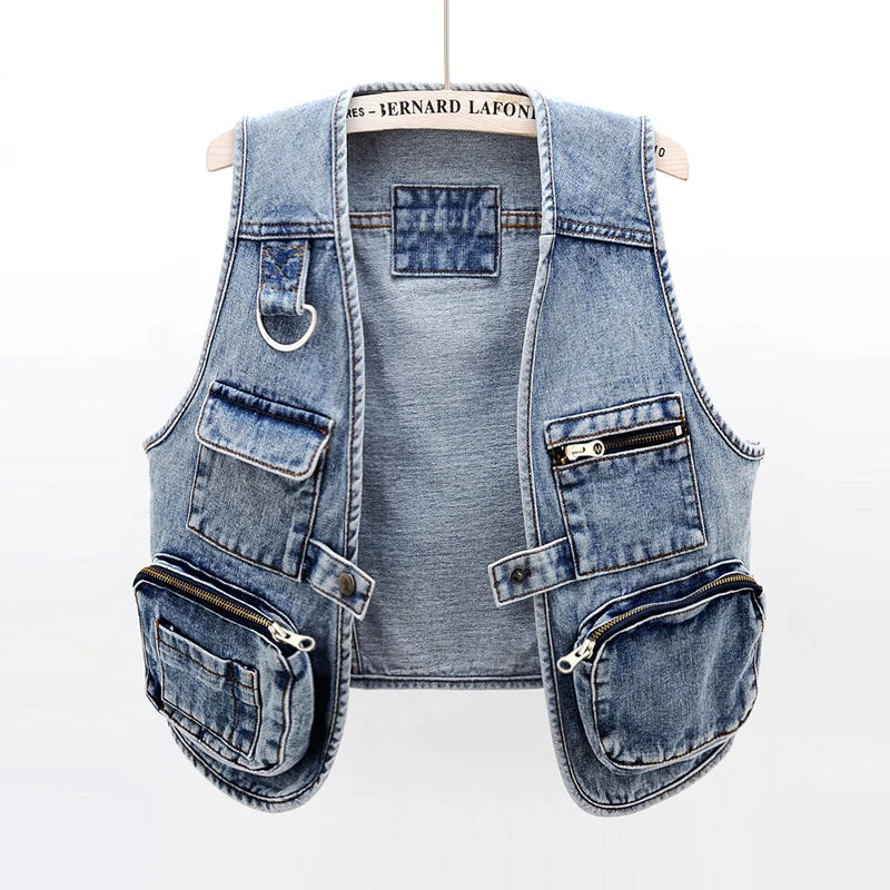 Summer Korean clothes White Denim Vest Women Cardigan Waistcoat Loose Short Big Pocket Sleeveless Jacket Jeans Vests Female Streetwear