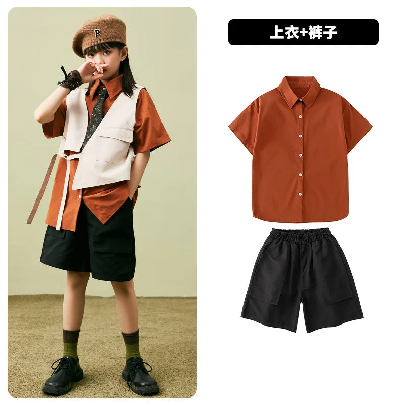 Kinder Kleidung Mädchen Jungen Sommer Neue Revers Hemd Weiße Weste Schwarz Elastische Taille Shorts 3 stücke Jazz Dance Outfit Leistung Tragen