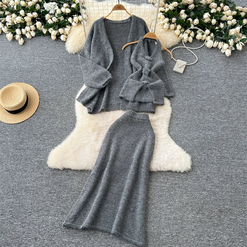 Damen Rosa 3-teiliges Set Vintage Langarmpullover A-Linie Lange Röcke Vintage Y2k Rock Sets Outfits Elegante 2000er Jahre Kleidung 2024