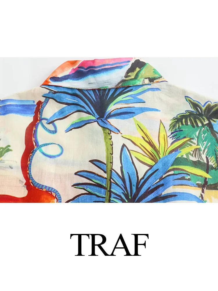 TRAF 2024 Women Summer Casual Print 2 Pieces Skirt Set Pockets Lapel Single-Breasted Shirt Top+Slim Pleated Zipper Pocket Skirt