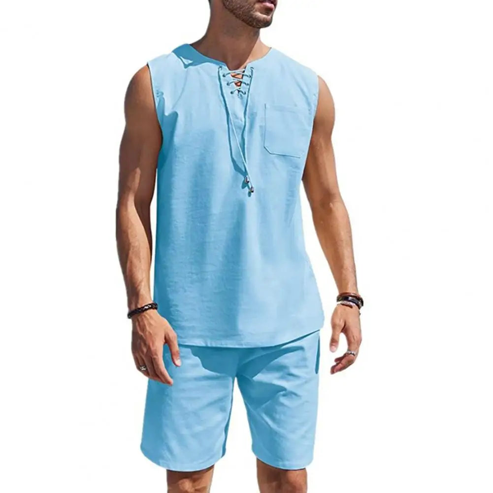 T-shirt Shorts Set Men's Sportswear Set Sleeveless V Neck Vest Elastic Waist Shorts with Patch Pockets Breathable Quick for Men mon