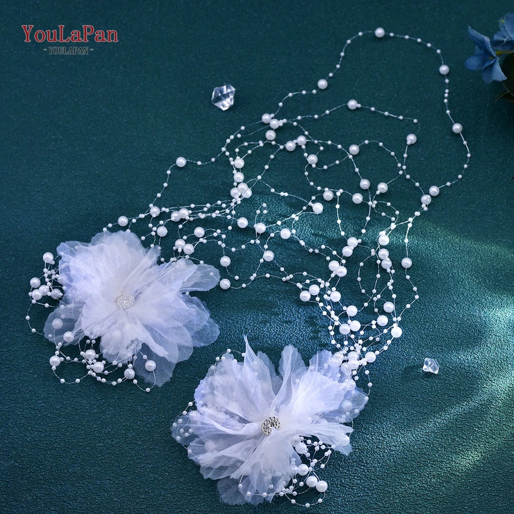 YouLaPan Elegant Women Bride Headwear Handmade gauze Flower Wedding Princess Headband Long Pearl Tassel Hair Accessories HP691