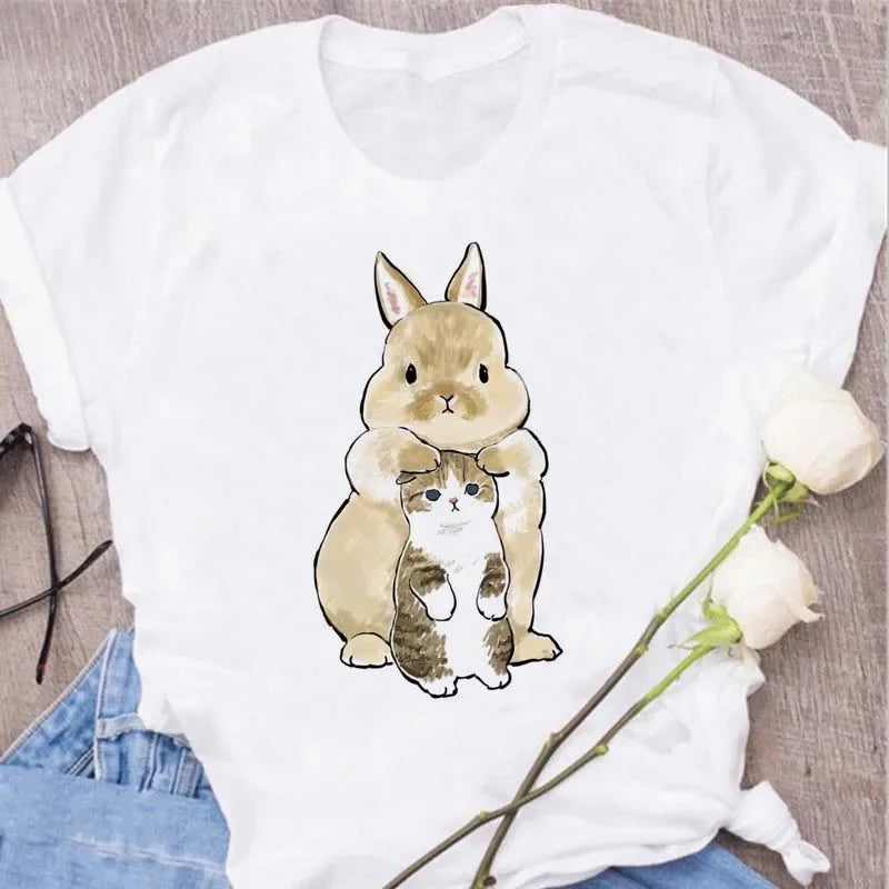 Cute Cats Printing Women T-shirts New Kawaii Women's Tops Fashion Women Clothing Funny Korean Style Creative Casual Clothes Tees