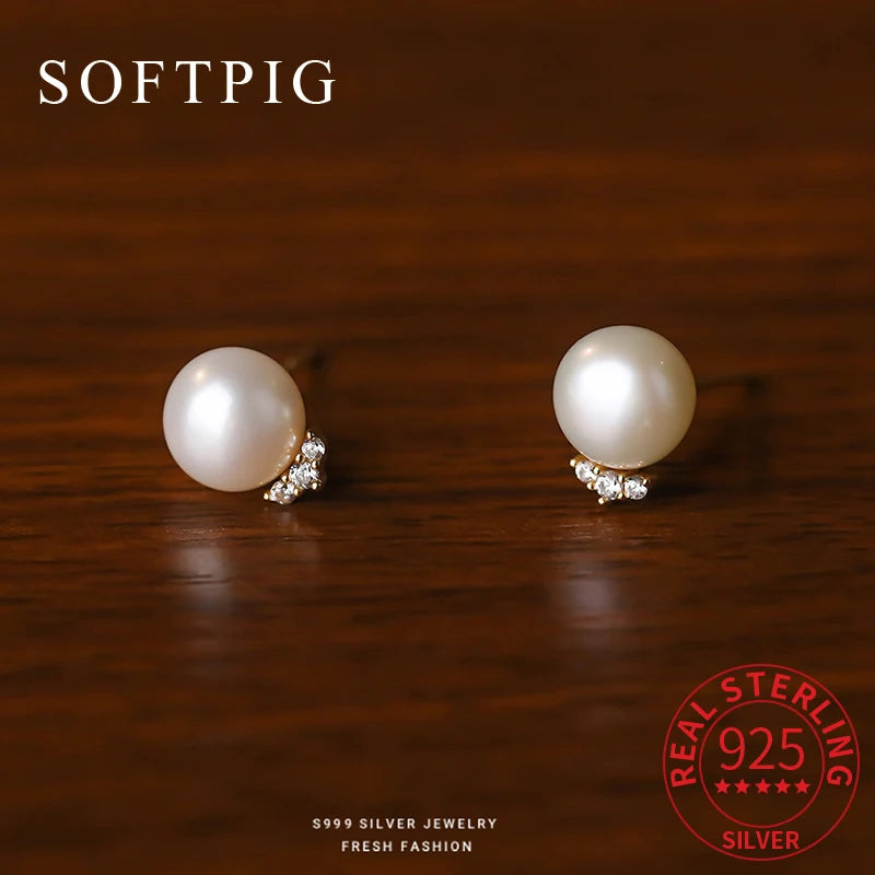 SOFTPIG Real 925 Sterling Silver Pearl Zircon CZ Stud Earrings for Women Classic Fine Jewelry Light Luxury Accessories
