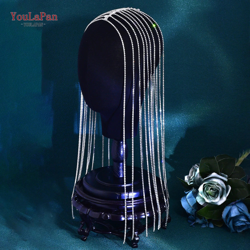 YouLaPan Shine Full Rhinestone Chain Headband Women Long Tassel Crystal Hair Accessories Wedding Banquet Jewelry Tiara HP778