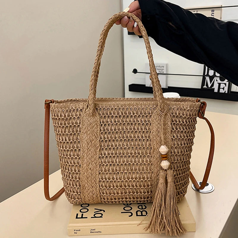 Summer Straw Bag Women Large Capacity Shoulder Messenger Bags Handmade Woven Handbag Bohemia Vacation Rattan Beach Purse 2024