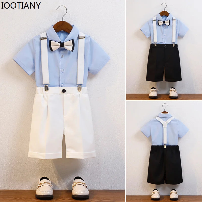 Kids Formal Strap Shirt Shorts Bowtie Clothing Set Boys Summer Wedding Birthday Dress Children Piano Performance Dance Costume !!!