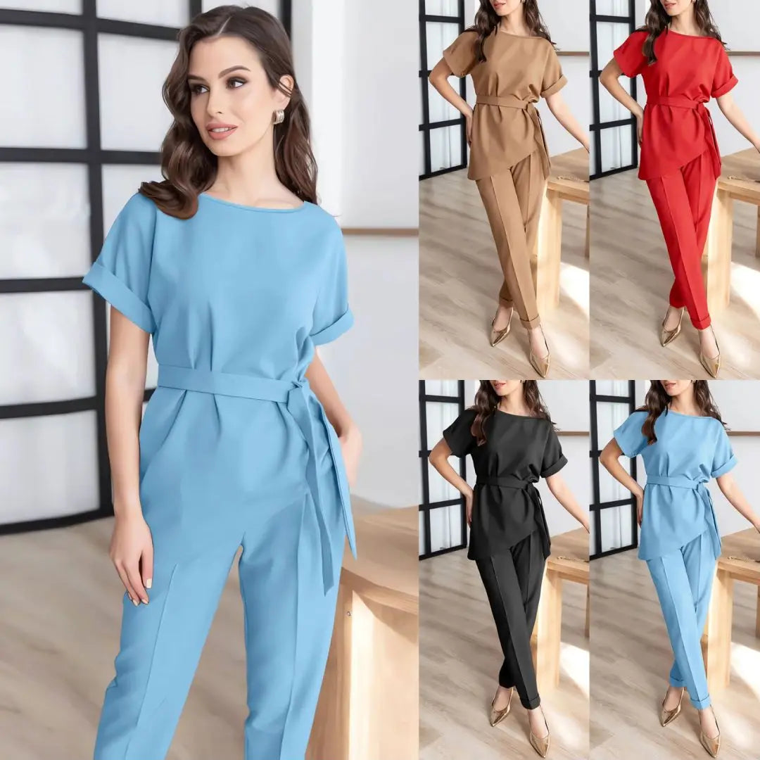 Women's Summer New Fashion Casual Round Neck Beveled Edge Suit Belt Top Set of Petite Pants Elegant Style Office Lady Suit Sets clothes