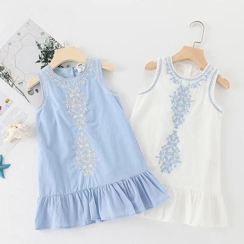 Summer 2-10 Years Brief Lace Embroidery Flower Floral Cotton Flounce Tank Sundress Sleeveless Kids Girls Dress