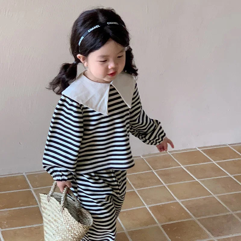Children's Clothing Sets Big Lapel Striped Top and Wide-leg Pants 2pcs Sets Baby Girl Outfit Set Toddler Girl Clothes