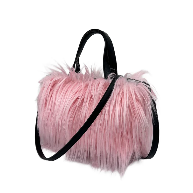 Designer Fluffy Plush Shoulder Bag Warm Faux Mongolian Fur HandBags for Women Brands Large Hobo  Shopper Heart Shaped Purses