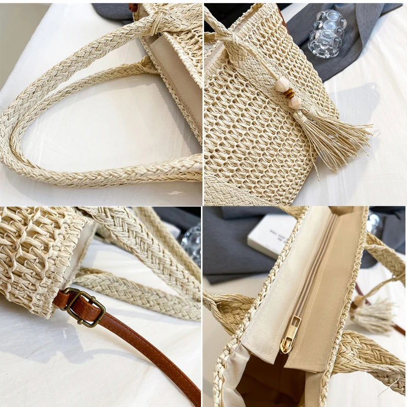 Summer Straw Bag Women Large Capacity Shoulder Messenger Bags Handmade Woven Handbag Bohemia Vacation Rattan Beach Purse 2024