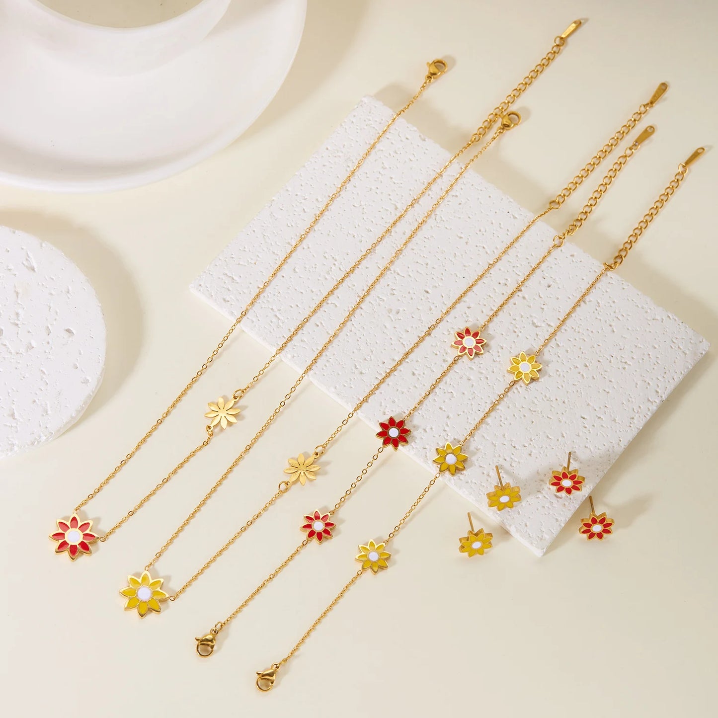 Stainless Steel Enamel Flower Necklace Bracelet Earrings For Women Boho Colorful Daisy Pendant Y2K Accessories Fashion Jewelry