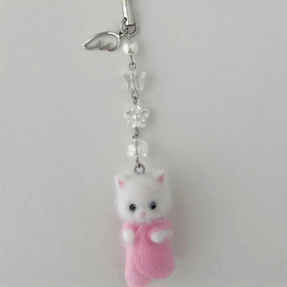 Kawaii Flocking Cat Pendant Phone Lanyard Cute Mobile Phone Charm Backpack Headphone Case Decoration for Girls Jewelry Gifts