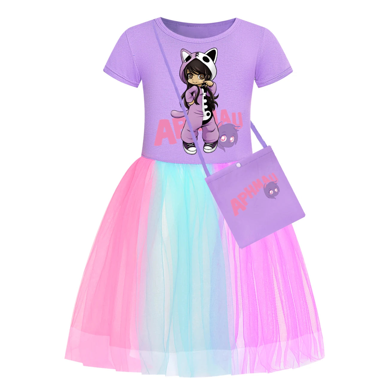 Anime Aphmau Dress Kids Cute Short Sleeve Clothes for Baby Girls Kawaii Casual Dresses&small Bag Children Summer Holiday Outfits