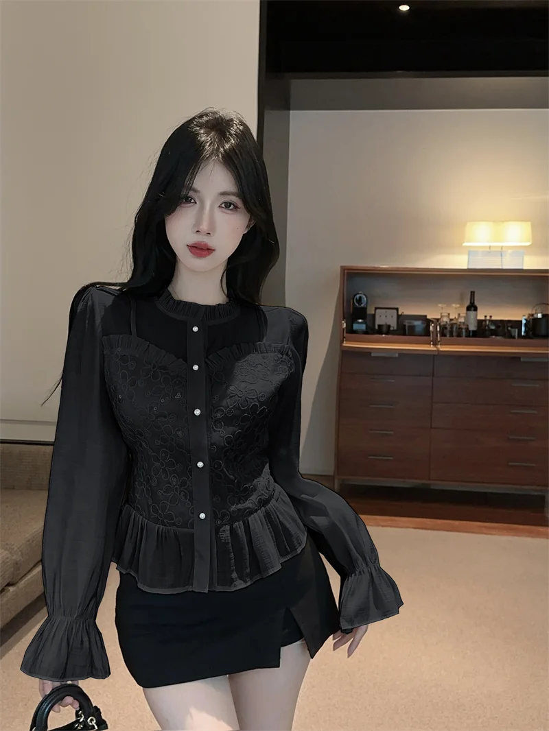 Gagaok French Style Women Tops Temperament Fungus Splicing Fashion Shirts 2025 Spring New Slimming Blouse Casual Clothes
