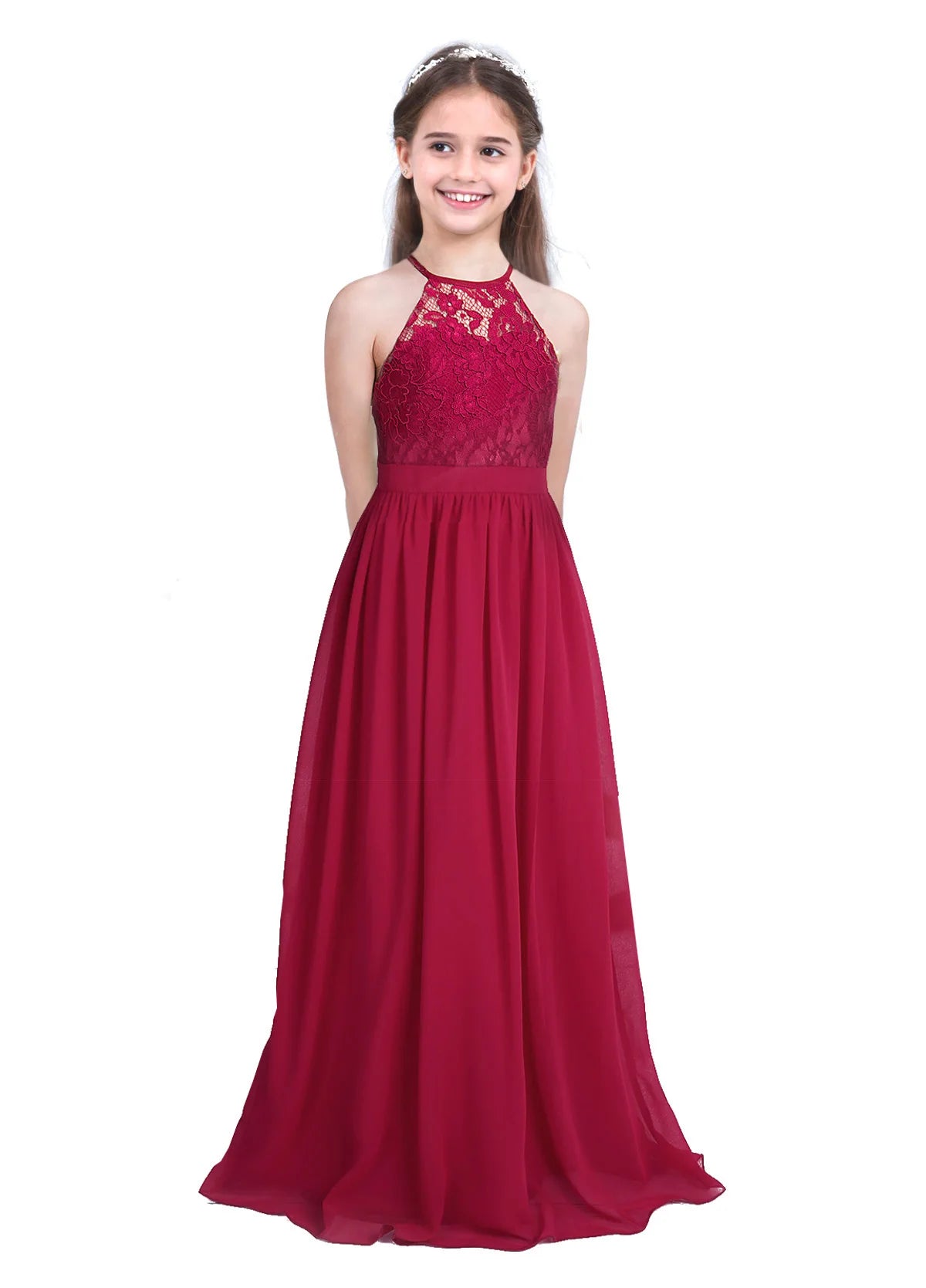 iiniim Kids Girls Vestido de festa Chiffon Dress Floral Lace Cutout Back Flower Girl Dress Elegant Summer Princess Party Dress