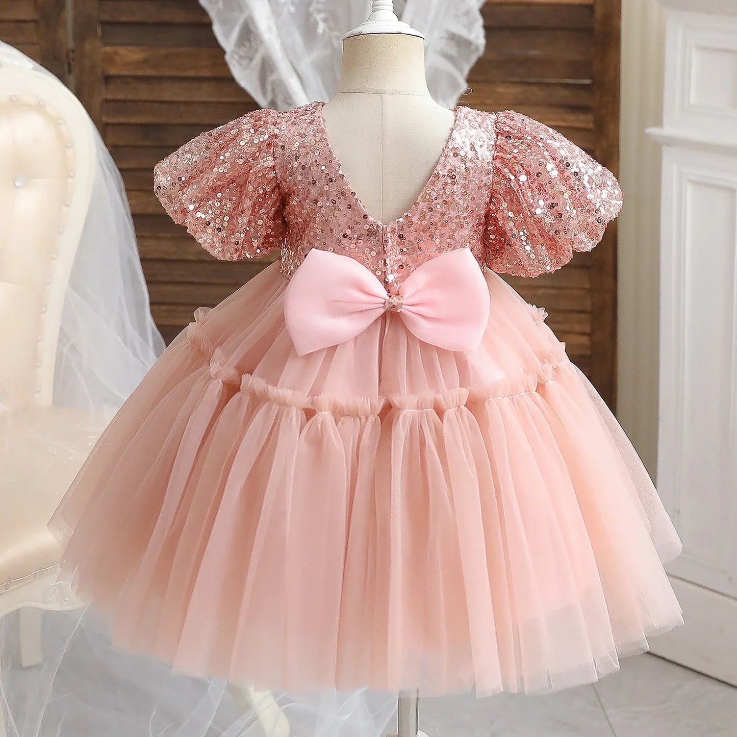 Kleinkind Mädchen Party Prinzessin Kleid Baby Champagner 1st Geburtstag Outfits Kinder Sommer Puff Ärmel Pailletten Tutu Kleid Mädchen Gala Kleidung