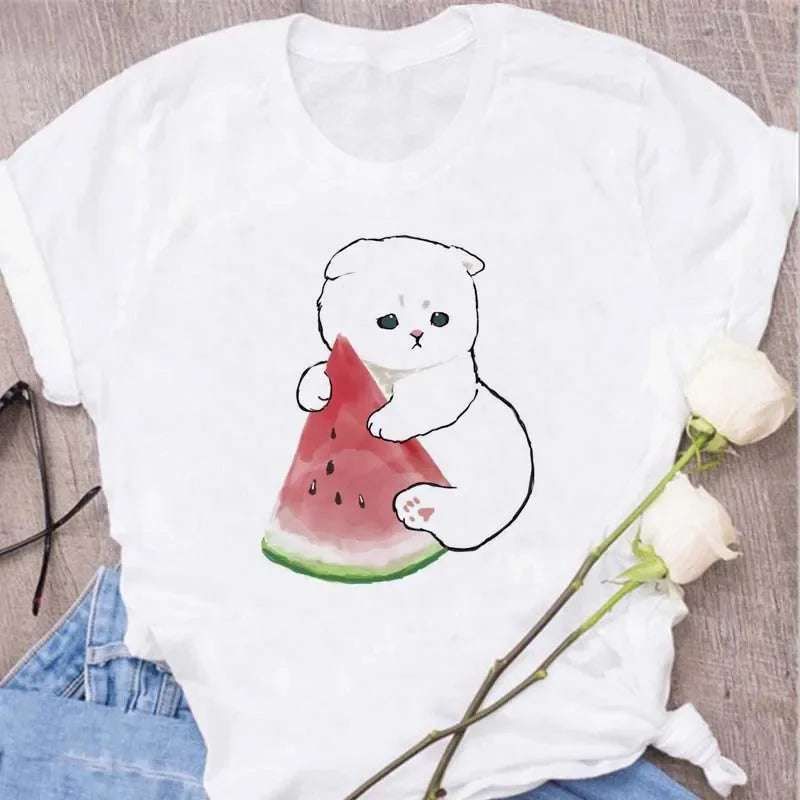 Cute Cats Printing Women T-shirts New Kawaii Women's Tops Fashion Women Clothing Funny Korean Style Creative Casual Clothes Tees