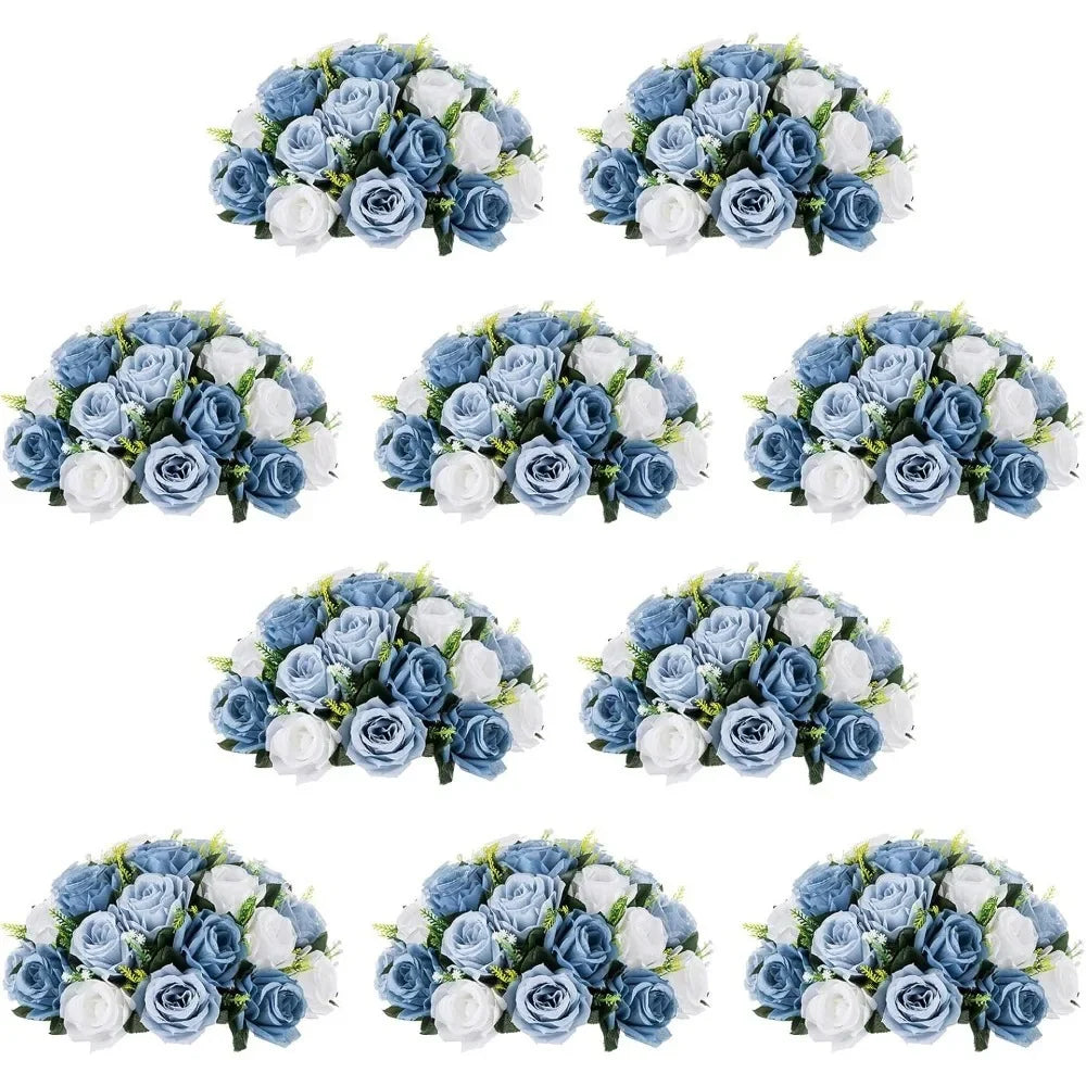 Wedding Artificial Flower Decorations, 10 Pieces of 13.8 Inch Diameter Blue and White Silk Fake Rose Dining Table Decorations