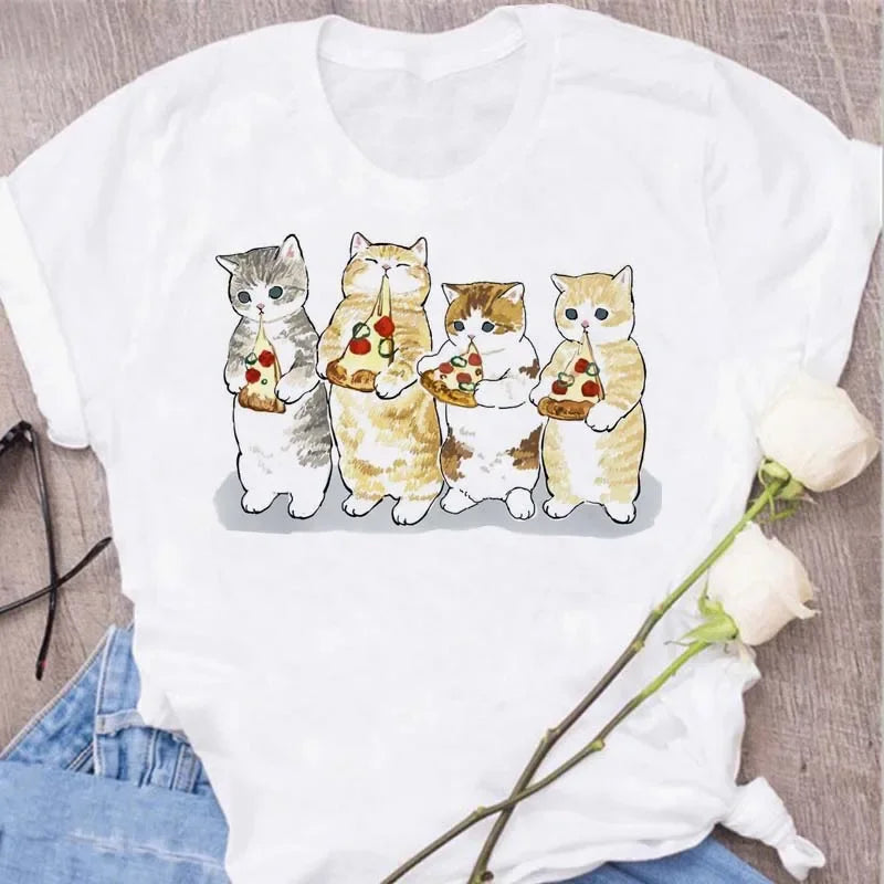 Cute Cats Printing Women T-shirts New Kawaii Women's Tops Fashion Women Clothing Funny Korean Style Creative Casual Clothes Tees