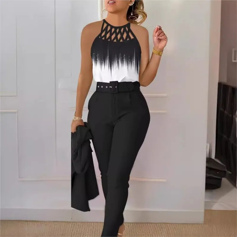 Elegant Women's Two Piece Set Suit Autumn Summer Fashion Print Hollow Out Sleeveless Tops Black Petite Pants Two-piece Set Women