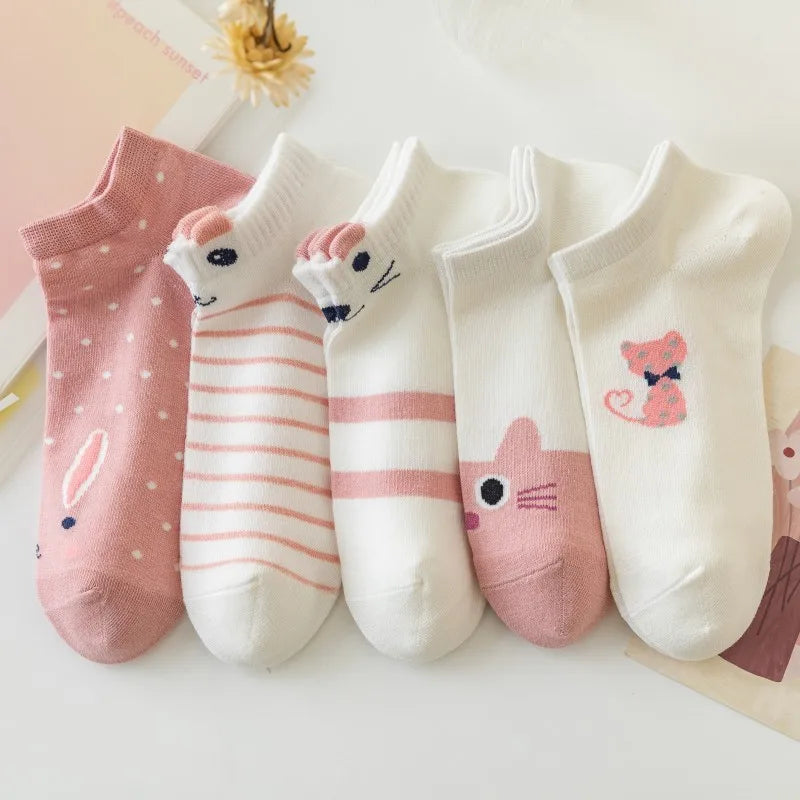 Women's Socks 5 Pair Kawaii Cartoon Cute Cat Socks For Women Funny Spring Cat Low Cut Short Academy Ankle Socks Woman BZ109