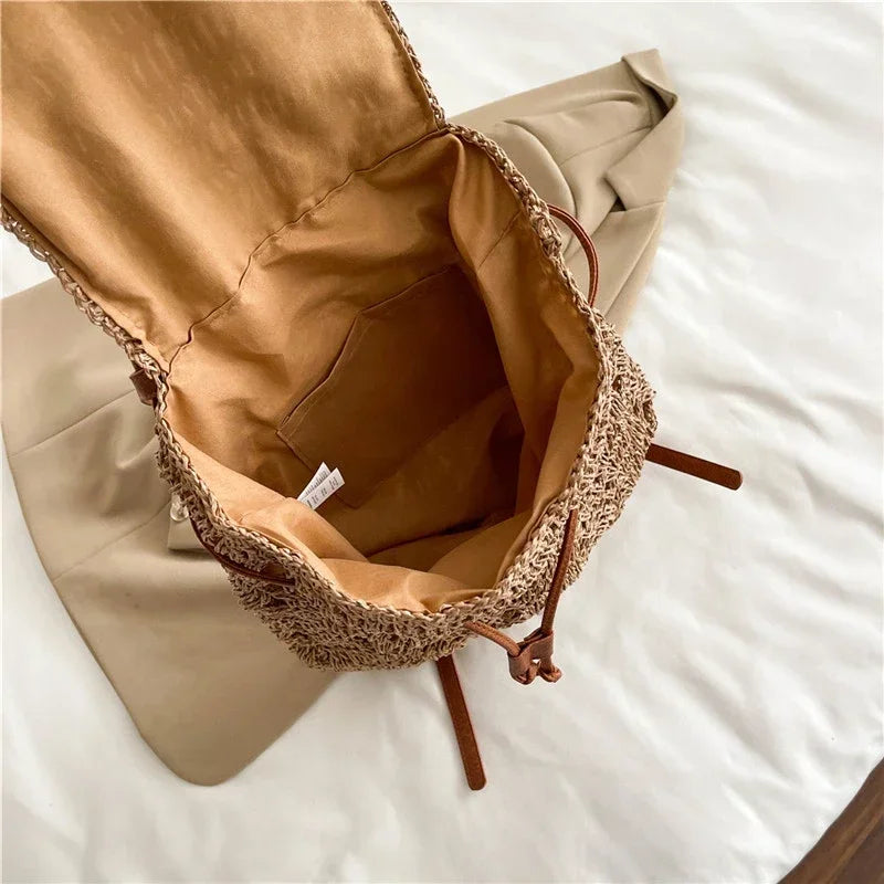 Handmade Woving Women's Backpack Beach Shoulder Bag For Ladies Designer Straw Handbag Travel Anti Theft Backbag Crossbody Purse